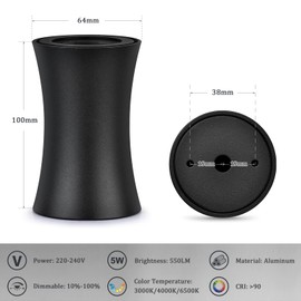 YindaLux LED Surface-Mounted Spotlight, Black, Diameter 64 x 100 mm, Surface-Mounted Spotlight, Dimmable, 3000 K/4000 K/6500 K, IP44 Ceiling Spotlights, Surface-Mounted Spotlights, Including 5 W 550