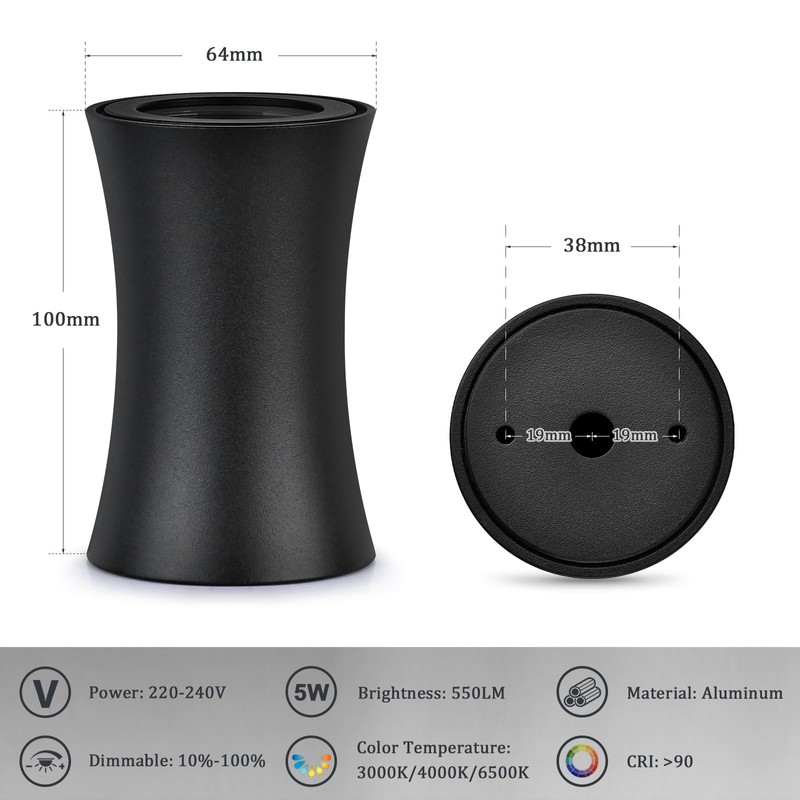 YindaLux LED Surface-Mounted Spotlight, Black, Diameter 64 x 100 mm,
