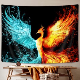 Fantasy Phoenix Small Tapestry, Water Ice and Fire Rising Phoenix Animal Anime Tapestry Wall Hanging for Bedroom, Aesthetic Tapestry for Men Beach Blanket College Dorm Home Decor (60W X 40H)