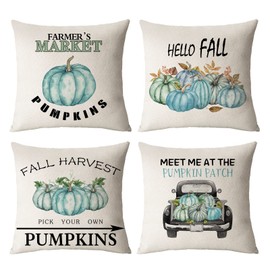 Set of 4 Fall Pillow Covers 16x16 Inch Thanksgiving Throw Pillows Covers Autumn Blue Pumpkins Decorative Cushion Covers Home Outdoor Sofa Couch Pillow Cases for Fall Decorations (16 by 16)