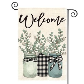 DMERBYL Eucalyptus Mason Jar Spring Garden Flag 12x18 Inch Double Sided Outside, Buffalo Plaid Welcome Yard Outdoor Flag