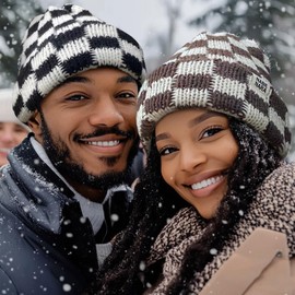 CLAPE Multi-Color Unisex Knitted Hat Plaid Ski Cap Cuff Beanie Hats Stretchy Cable Knit Skull Cap Thermal Caps, Black-White