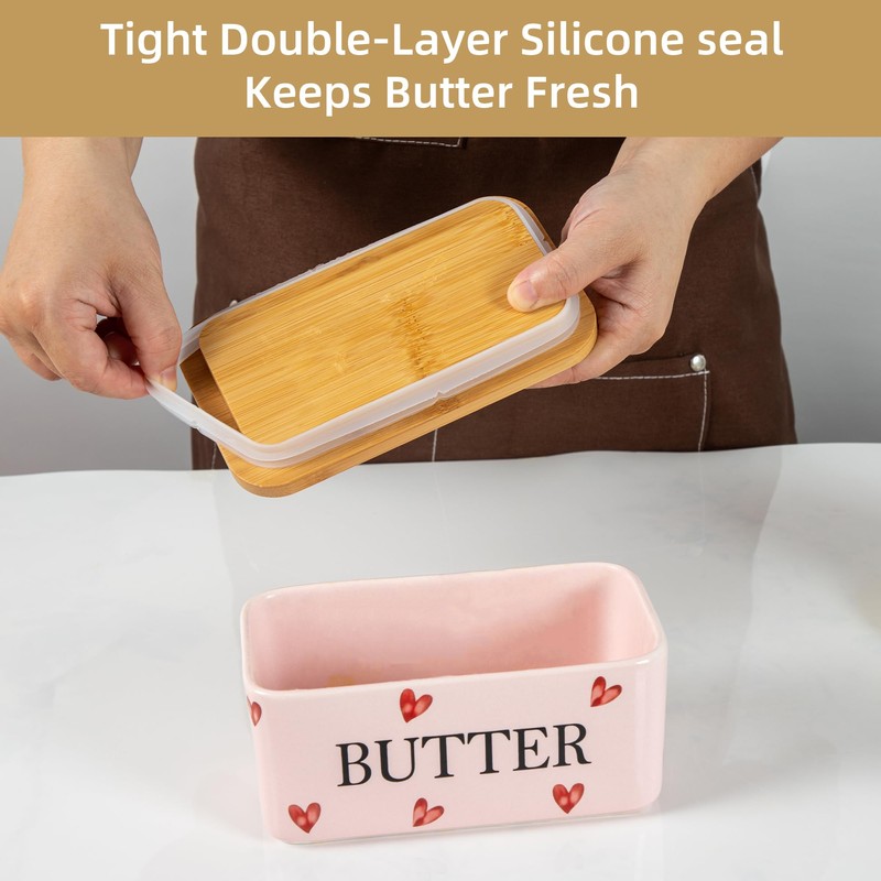 YumiPLUS Pink Ceramic Butter Dish with Bamboo Lid and Knife,