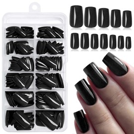 LoveOurHome 240pc Black Square Press on Nails Medium Fake Nails with Glue & Tabs, Medium Nails Press on Nails Square Acrylic Nails Black Glue on Nails False Nails Artificial Fingernails Stick Nails