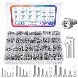 DIVANC Metric Screw Assortment, 2000PCS Metric Bolt Assortment Kit M2 M3 M4 M5 Machine Screws with Lock & Flat Washers, 304 Stainless Steel Hex Socket Head Cap Screws Nuts and Bolts Kit (Silver)