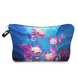 Livel lhood Underwater Axolotl Makeup Bag Cute Small Organizer Zipper Pouch Underwater Adorable Axolotl Cosmetic Bag Birthday Present for Women Friends