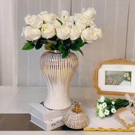 Generic 16.5''Ginger Jar, White and Gold Ceramic Vase with Lid,Large Decorative Tea Storage Jar Table Center Vase for Home, Office, Table, Living Room, Bookshelf, Mantle Fireplace