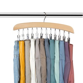 SUNTRADE 12 Clips Legging Organizer for Closet, Wooden Closet Leggings Hanger Organizer Space Saving Multi Clip Hanger for Pants Scarfs Hats (Beige)