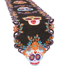 Simhomsen Embroidered Dia De Los Muertos Serape Fiesta Mexican Table Runner, Mexico Day of The Dead Kitchen Dining Table Decoration for Home Party Decor (14x54 Inch)