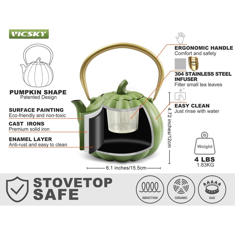VICSKY Pumpkin Cast Iron Teapot (40 oz/1200 ml), Cute Natural