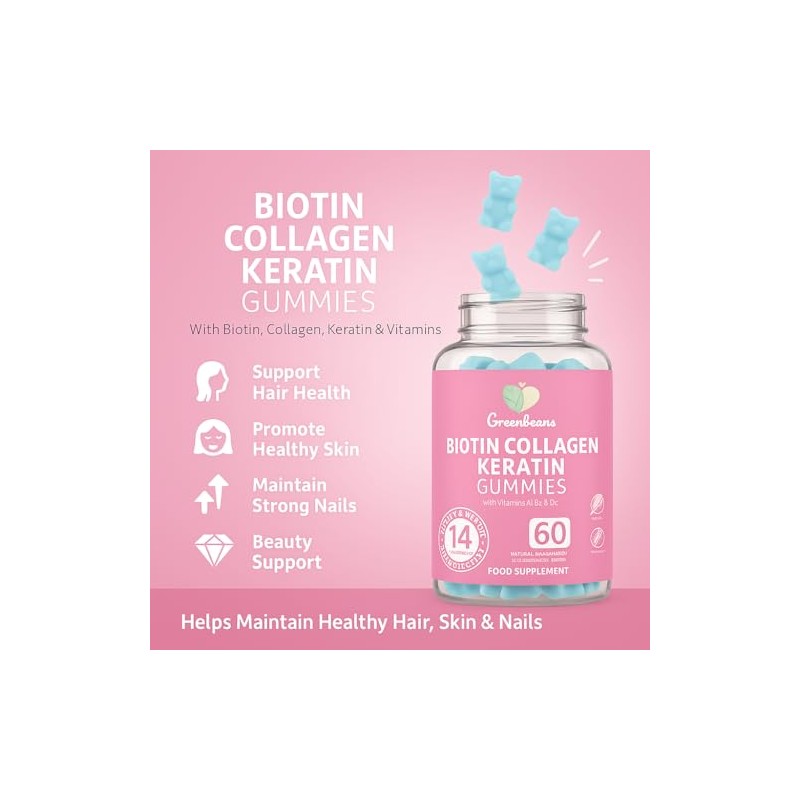 Green Bears Biotin Collagen Keratin Gummies – 14-in-1 Hair, Skin