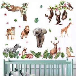 Safari Animal Wall Stickers Jungle Animal Wall Decals Tropical Leaf Tiger Lion Elephant Zoo Animals Wall Decals Wild Animal Wall Stickers for Kids Room Bedroom Nursery Decor