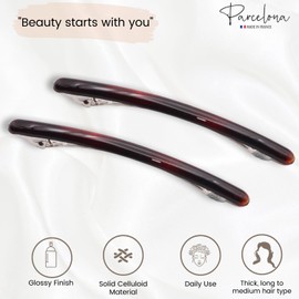 Parcelona French Skinny Rounded Large 4” Tortoise Shell Celluloid Automatic Set of 2 Hair Barrette Clips No Slip Grip Styling Women Accessories Girls Hair Clips, Made in France