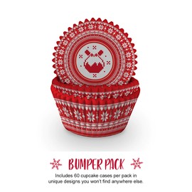 Anniversary House Pack of 60 Christmas Jumper Print Cupcake Cases for Baking - Christmas Baking Cups in Heavy Duty Greaseproof Paper, Festive Sweater Design for Xmas Muffins/Cup Cakes, J217