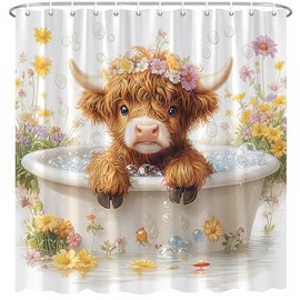 Funny Highland Cow Shower Curtain Cute Calf Farmhouse Bull in Bath Bubble Western Yellow Floral Country Spring Cattle Animal Bath Decor Polyester Fabric Curtains 70X70 Inch