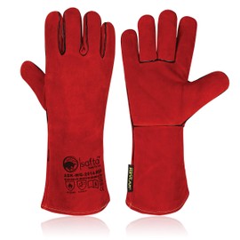 SAFTA Extreme Heat Resistant Gloves, Cow leather with Kevlar Stitching, Ideal Welding gloves for TIG and MIG, Perfect BBQ gloves for cooking in Grill and Oven. (Red, 14 Inches Long)