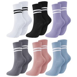 6 Pares Calcetines de Yoga para Mujeres, Calcetines Antideslizantes Algodon, Calcetas Largos de Pilates, Calcetas Deportivos Transpirables, Adecuado para Ejercicio, Fitness, Barre (Multicolor)