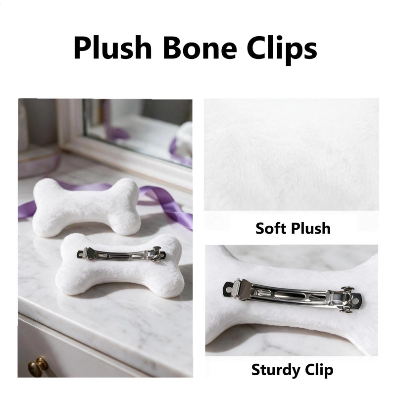 2PC Bone Clips for Hair or Shoes DIY White Plush