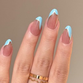 Fomkrio Blue French Tip Short Press On Nails Almond Acrylic Fake Nails with Irregular Metal Gold Line Design, Spring Summer Nails for Women Girls, 15 Sizes - 30Pcs Manicure Nail Kit