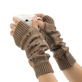 HugeDE Fingerless Grunge Gloves Ripped Arm Warmers Fashion Crochet Gloves Knit Arm Sleeves Thumb Hole Gloves Mittens Half Finger Gloves for Women Girls Khaki