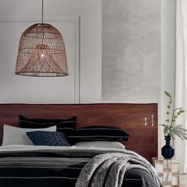 HAIIQU 17.7" Hollow Rattan Hanging Lights Woven Wicker Lamp Shade French Romance Decor Pendant Light Bamboo Ceiling Pendant Fixture for Dining Room Living Room Restaurant Bar