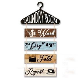 SUPERDANT 5 PCS Laundry Room Wooden Signs Wall Decorative Plaque Laundry Room Decor Wall-mounted Removable Hanging Wood Signs Entryway Wall Art Decor for Laundry Room Bathroom Decorations