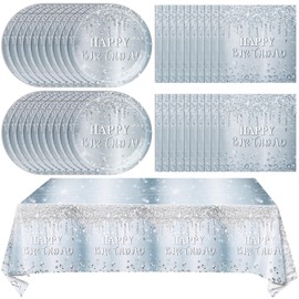 41 Pieces Silver Glitter Tableware Set, Happy Birthday Table Decorations Glitter Diamonds Silver Birthday Theme Dessert Plates Napkins Tablecloth for 20 Guests Silver Glitter Birthday Party Supplies