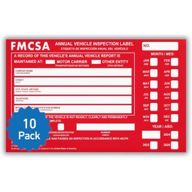 10 Pack Buck Aluminum Annual Vehicle Inspection Label with Punch Boxes, 2 Mil Red FMCSA Self Adhesive Sticker, DOT Compliant, Weatherproof, Tear Resistant, Easy to Write On, 6" x 3.5" - Made in USA