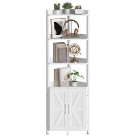 HOOBRO Corner Shelf with Storage, Tall Corner Cabinet, 5-Tier Bookshelf Stand, Storage Cabinet with Protective Fence, for Living Room, White WW78CJ01