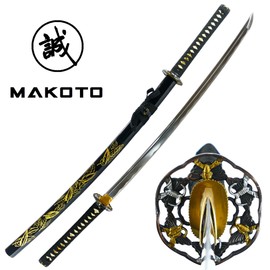 Makoto Hand Forged Razor Sharp 41" Black Samurai Katana Sword - Hand Painted High Gloss Black Scabbard (Leaf)