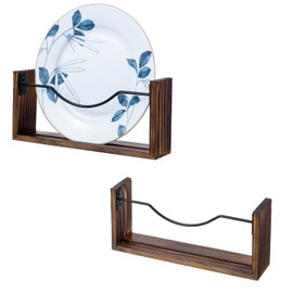 MyGift Set of 2 Wall Mounted Collectible Plate Holders, Rustic Burnt Solid Wood and Black Metal Wire Hanging Platter Display Racks, Fits 8 to 11 Inch Plates