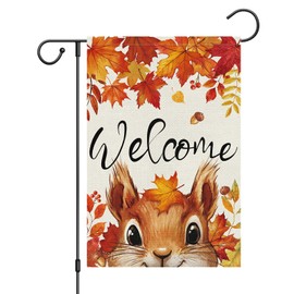 Wodison Welcome Fall Squirrel Garden Flag 12x18 Inch Double Sided Outside Autumn Maple Leaves Nut Small Burlap Yard Flag Farmhouse Outdoor Decoration