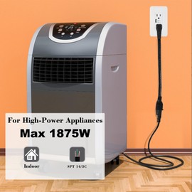 Flat Extension Cord with Flat Wall Plug 6FT - Black Under Rug Flat Extension Cord 3 Prong Flat Wire SPT-3 14AWG Heavy Duty Male to Female Extender Low Profile Grounded Cord for Air Conditioner