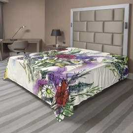 Ambesonne Vintage Flat Sheet, Pattern of Watercolor Effect Colorful Spring Floral Bouquet, Soft Comfortable Top Sheet Decorative Bedding 1 Piece, King Size, Green Lilac