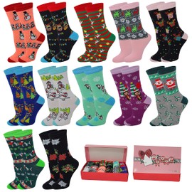 SUMONA Women Novelty Seasonal Christmas Holiday Socks with Gift Box (12 Pairs) (Christmas A pack)
