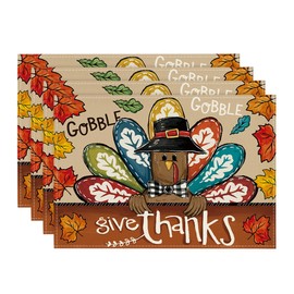 Artoid Mode Turkey Give Thanks Thanksgiving Placemats Set of 4, 12x18 Inch Seasonal Table Mats for Party Kitchen Dining Decoration