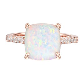 Tirafina Solitaire Cushion Cut Lab-Created Opal Ring with Lab-Created Sapphire Sides, 14K Rose Gold-Plated Sterling Silver (10 mm stone)