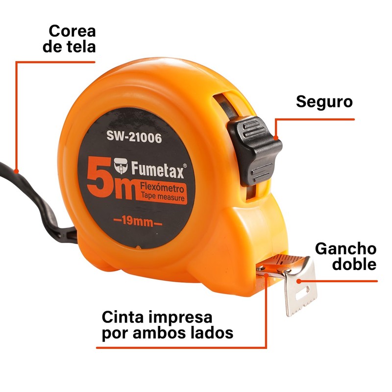 FUMETAX Flexómetro Contra impactos 5 m Cinta negra 18mm Tarjeta