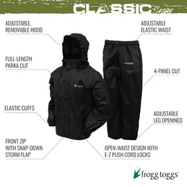 FROGG TOGGS Men's Standard Classic All-Sport Waterproof Breathable Rain Suit, Black/Black, X-Large