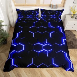 Loussiesd Honeycomb Bedding Set Neon Light Geometric Double Bed Cover for Kids Boys Geometry Duvet Cover Soft Microfiber Blue Black Hexagonal Comforter Cover Zipper with 2 Pillow Cases
