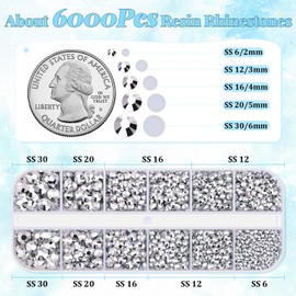 6000Pcs Resin Rhinestones for Bedazzling with 3Pcs B7000 Jewelry Glue, 1 Box Silver Flatback Rhinestones for Crafting Crafts DIY, Crystals Gems for Clothing Shoes Tumblers Nail Art Makeup