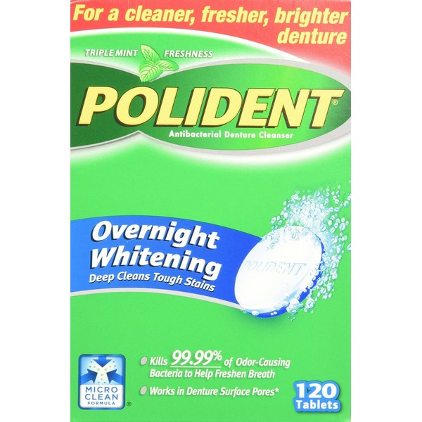 Polident Overnight Whitening Denture Cleanser 120 Tablets (Pack of 2)