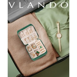 Vlando Travel Jewelry Case, Small Travel Jewelry Organizer Box for Girls Women - Dark Green