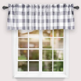 Simple Deluxe Buffalo Check Kitchen Valances for Windows, Plaid Curtain Valance for Kitchen, Farmhouse, Living Room, Bedroom, Rod Pocket Curtain Valance, 52" W x 15" L, White and Gray