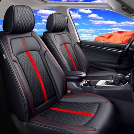 FiveFox Fit Explorer Car Seat Covers (Front Pair) for Select Ford Explorer 2004-2024 2025 - Full Coverage Leather, Waterproof & All Weather Seat Cushion Protector, Airbag Compatible, Red Trim