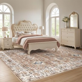 Area Rugs for Living Room: 7x9 Washable Rug Vintage Pattern Large Non-Slip Stain Resistant Soft Durable Floor Carpet for Bedroom, Dining Room, Home Office - Orange