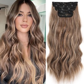 Mscat 20 Inch Clip Hair Extensions Dark Brown with Blonde Clip in Hair Extensions Synthetic Hair pieces 4PCS Full Head Set Thick Curly Wavy Synthetic Hair Extensions(8AH18)