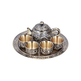 Tea Cup Set,Vintage Zinc Alloy Tea Pot and Cups Set,Metal Relief Pattern Moroccan Vintage Tea Set with 4 Cups and 1 Plate,Teapot Set for Home Decor,Gifts