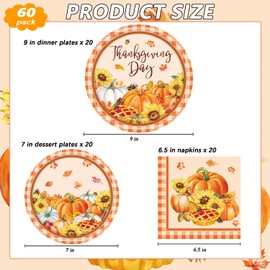 LYFREE 60 Pcs Thanksgiving Paper Plates and Napkins Party Supplies, 7 Inch and 9 Inch Fall Disposable Party Dinnerware with Harvest Pumpkin Sunflower for Autumn Holiday Decorations Serve 20