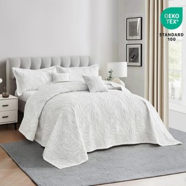 HZ & HY Botanical Oversized King Bedspread 128x120 Extra Wide, Leaves Pattern Stitching Quilt Set, Elegant & Fresh Style Bedding Cover, Reversible, Lightweight 5 Piece Set, White